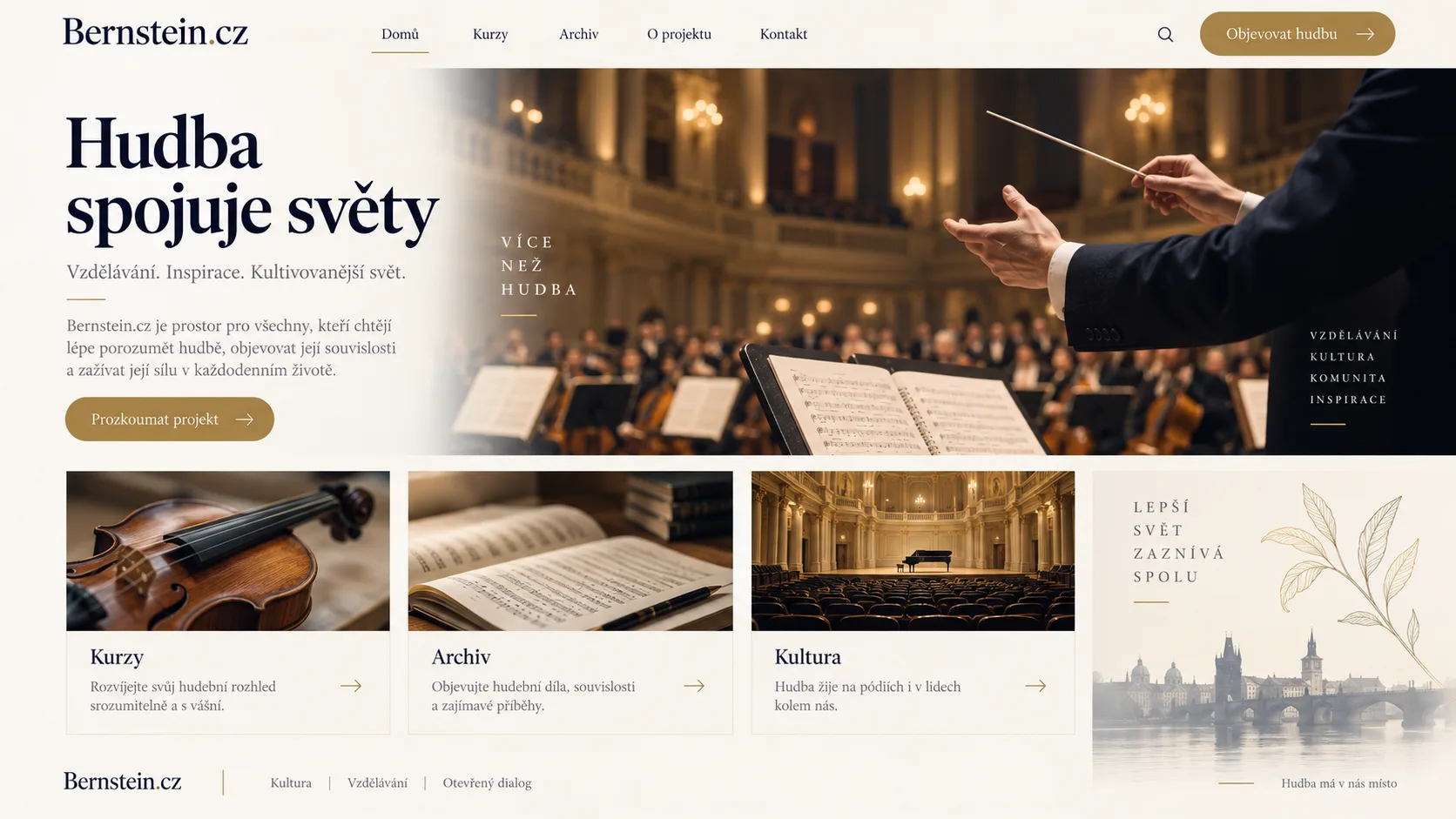 Ilustrační návrh pro Bernstein.cz: hudební vzdělávací web s orchestrem a koncertním sálem